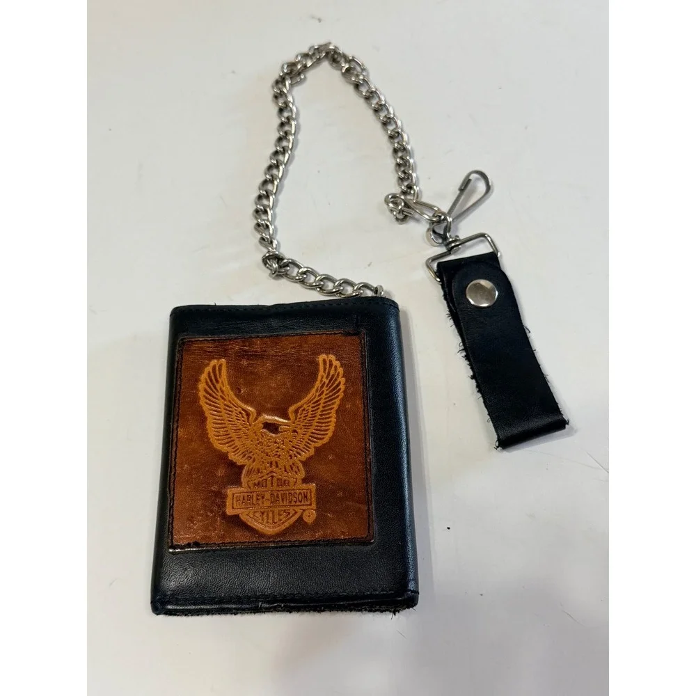 Harley Davidson Vintage Black Leather Biker Chain Wallet Eagle Logo Trifold